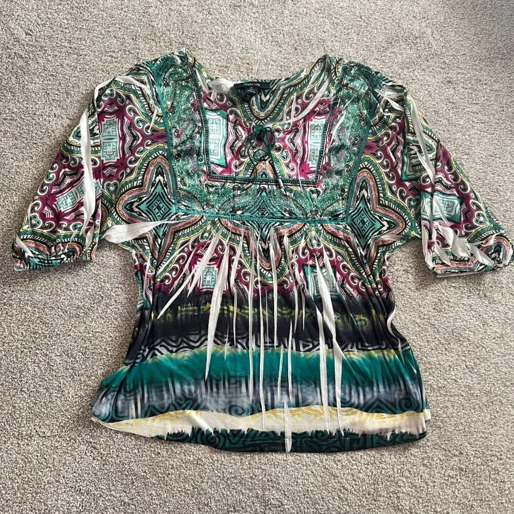 Y2K Billowy Sleeve Embroidered Lace-Up Abstract Rhinestone Green & Pink Top - Picture 4 of 8
